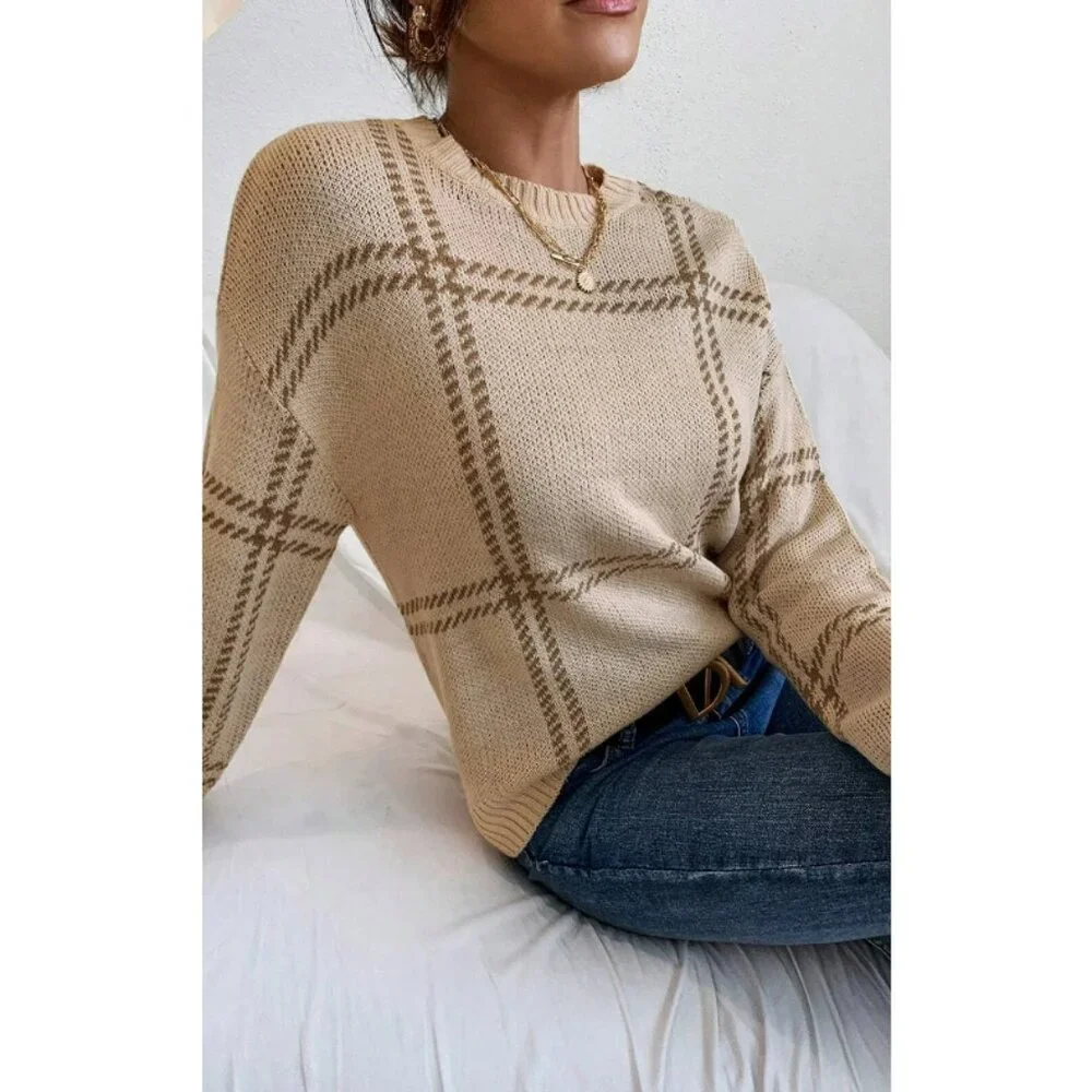 #17 Khaki Plaid Pattern Knitted Drop Shoulder Sweater - Picture 3 of 3